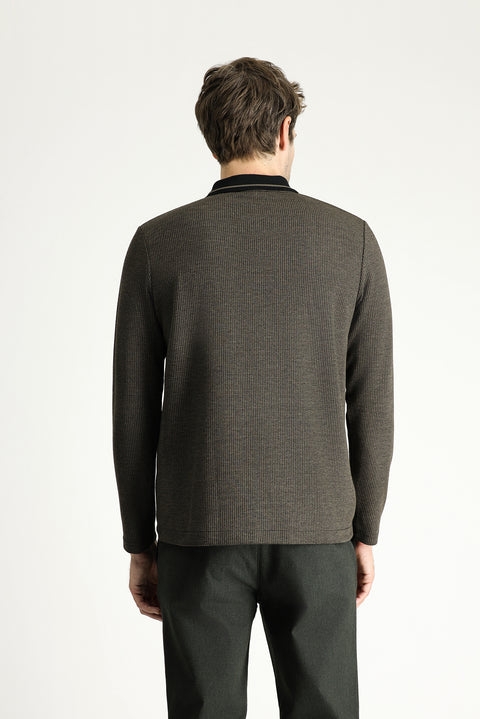 Medium Brown Polo Collar Regular Fit Patterned Embroidered Sweatshirt