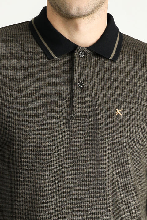 Medium Brown Polo Collar Regular Fit Patterned Embroidered Sweatshirt