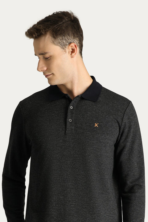 Koyu Antrasit Polo Yaka Regular Fit Desenli Nakışlı Sweatshirt