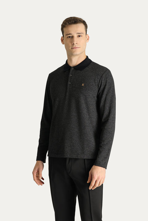 Koyu Antrasit Polo Yaka Regular Fit Desenli Nakışlı Sweatshirt