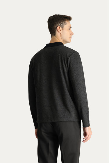 Koyu Antrasit Polo Yaka Desenli Nakışlı Sweatshirt