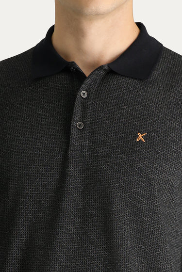 Koyu Antrasit Polo Yaka Desenli Nakışlı Sweatshirt