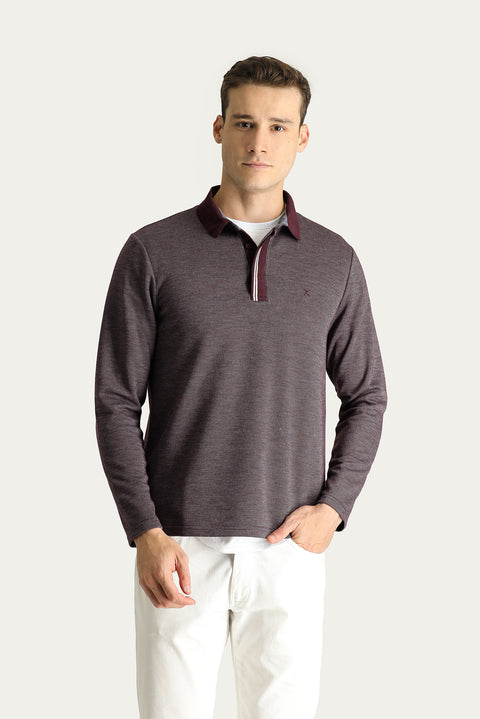 Koyu Bordo Polo Yaka Regular Fit Desenli Nakışlı Sweatshirt