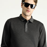 Koyu Antrasit Polo Yaka Desenli Nakışlı Sweatshirt