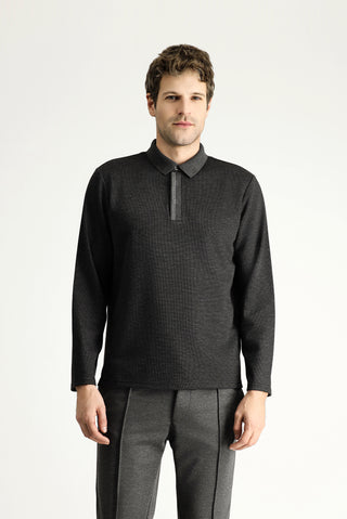  Koyu Antrasit Polo Yaka Regular Fit Desenli Nakışlı Sweatshirt