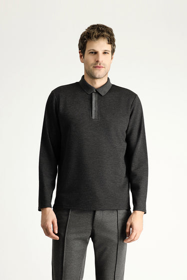 Koyu Antrasit Polo Yaka Desenli Nakışlı Sweatshirt