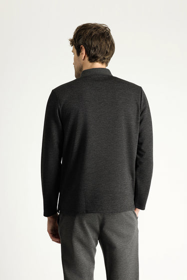 Koyu Antrasit Polo Yaka Desenli Nakışlı Sweatshirt