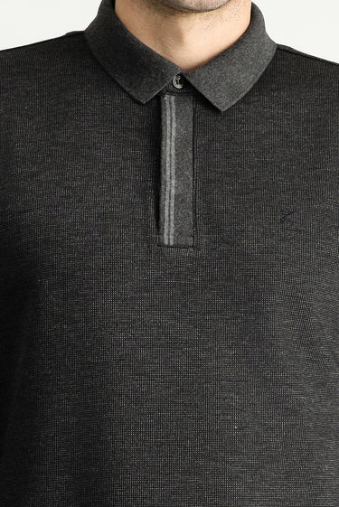 Koyu Antrasit Polo Yaka Desenli Nakışlı Sweatshirt