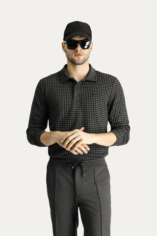  Siyah Polo Yaka Desenli Nakışlı Sweatshirt