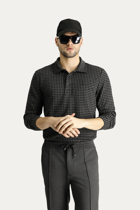 Siyah Polo Yaka Desenli Nakışlı Sweatshirt