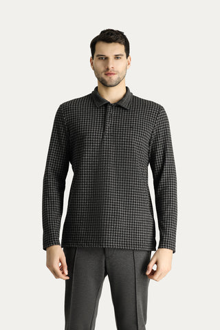  Siyah Polo Yaka Desenli Nakışlı Sweatshirt