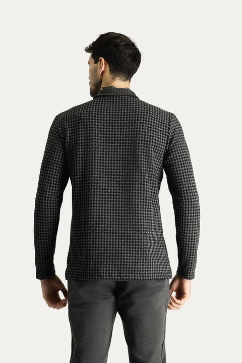 Siyah Polo Yaka Desenli Nakışlı Sweatshirt