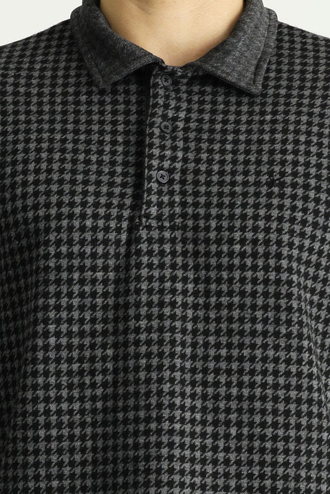 Siyah Polo Yaka Desenli Nakışlı Sweatshirt