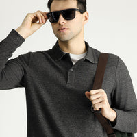 Orta Anrasit Melanj Polo Yaka Regular Fit Desenli Nakışlı Sweatshirt