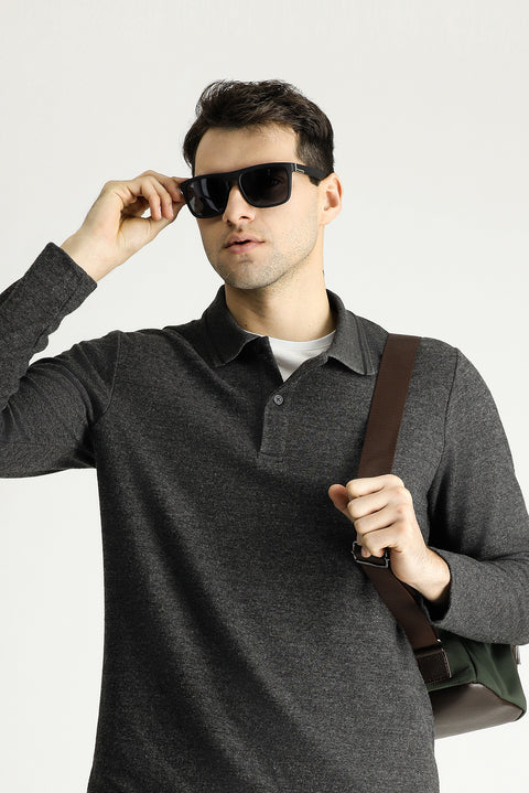 Orta Anrasit Melanj Polo Yaka Desenli Nakışlı Sweatshirt