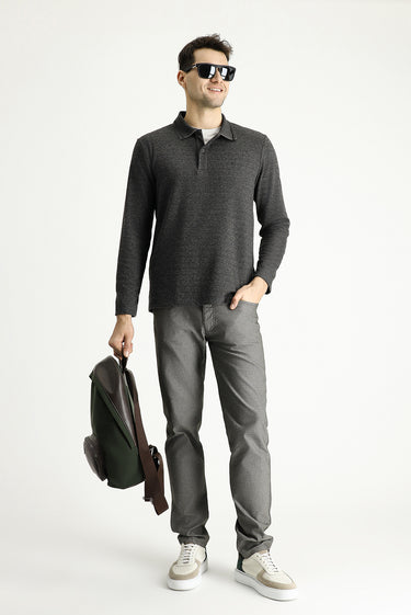 Orta Anrasit Melanj Polo Yaka Regular Fit Desenli Nakışlı Sweatshirt