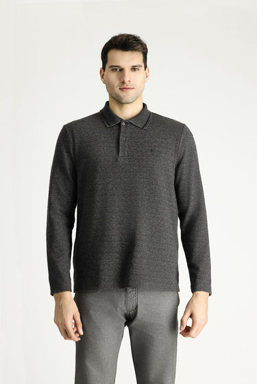 Orta Anrasit Melanj Polo Yaka Regular Fit Desenli Nakışlı Sweatshirt