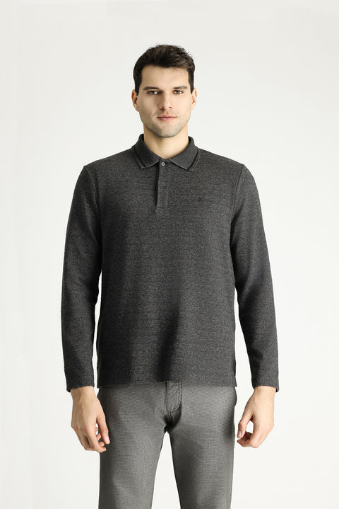 Orta Anrasit Melanj Polo Yaka Desenli Nakışlı Sweatshirt