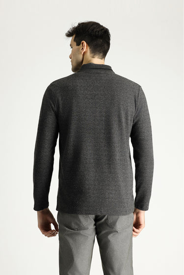 Orta Anrasit Melanj Polo Yaka Regular Fit Desenli Nakışlı Sweatshirt