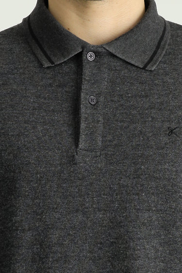 Orta Anrasit Melanj Polo Yaka Regular Fit Desenli Nakışlı Sweatshirt