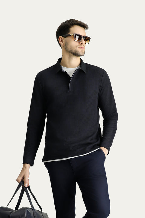 Lacivert Polo Yaka Desenli Nakışlı Sweatshirt