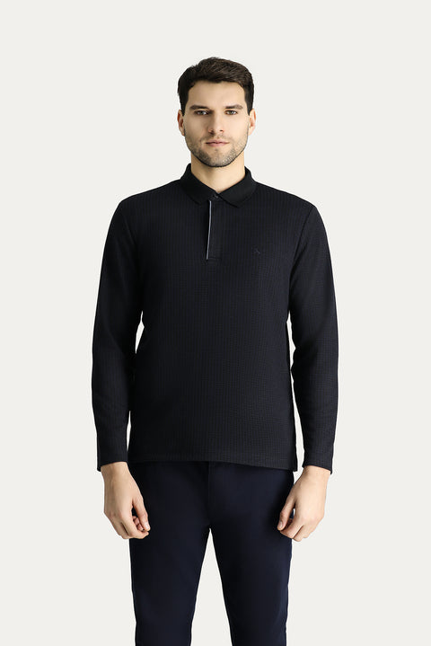 Lacivert Polo Yaka Desenli Nakışlı Sweatshirt