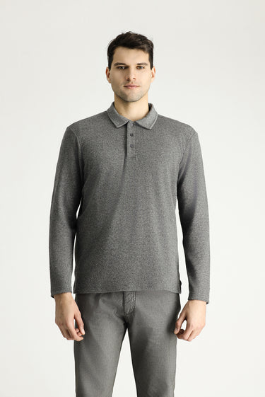 Orta Gri Melanj Polo Yaka Desenli Nakışlı Pamuklu Sweatshirt