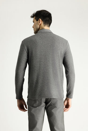 Orta Gri Melanj Polo Yaka Desenli Nakışlı Pamuklu Sweatshirt