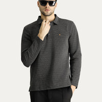 Siyah Polo Yaka Desenli Nakışlı Pamuklu Sweatshirt