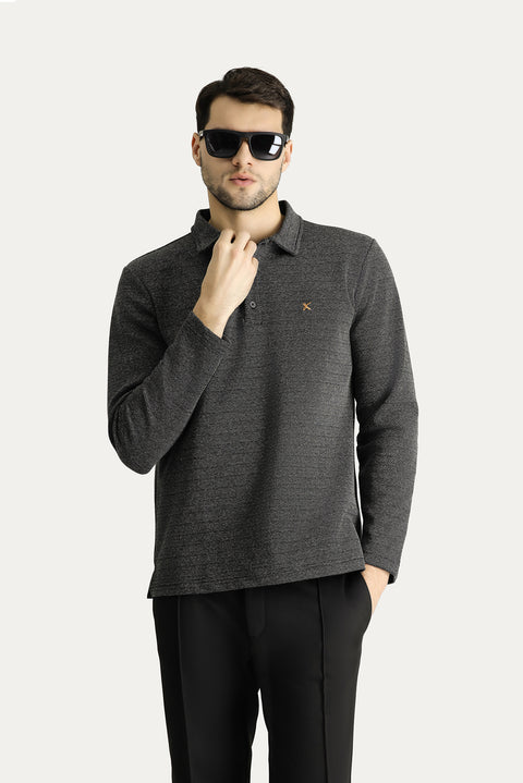 Siyah Polo Yaka Regular Fit Desenli Nakışlı Pamuklu Sweatshirt