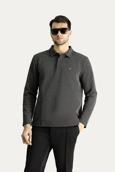 Siyah Polo Yaka Regular Fit Desenli Nakışlı Pamuklu Sweatshirt
