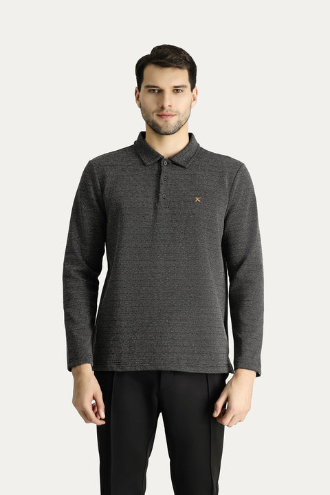 Siyah Polo Yaka Regular Fit Desenli Nakışlı Pamuklu Sweatshirt