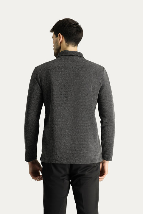 Siyah Polo Yaka Regular Fit Desenli Nakışlı Pamuklu Sweatshirt