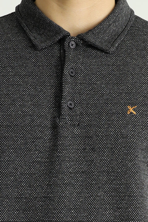 Siyah Polo Yaka Regular Fit Desenli Nakışlı Pamuklu Sweatshirt