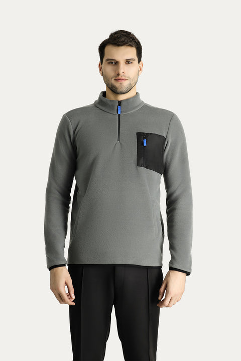 Orta Gri Melanj Dik Yaka Yarım Fermuarlı Soğuk Geçirmez Tüylenme Yapmayan Cep Detaylı Polar Sweatshirt