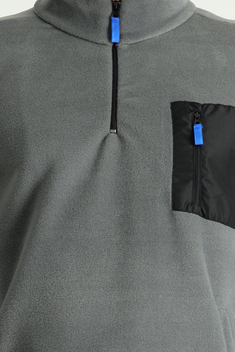 Orta Gri Melanj Dik Yaka Yarım Fermuarlı Soğuk Geçirmez Tüylenme Yapmayan Cep Detaylı Polar Sweatshirt