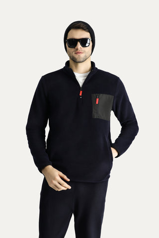  Koyu Lacivert Dik Yaka Yarım Fermuarlı Soğuk Geçirmez Tüylenme Yapmayan Cep Detaylı Polar Sweatshirt