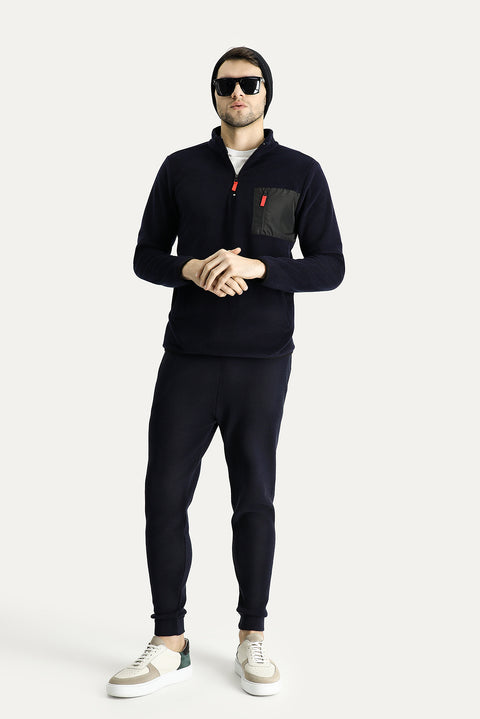Koyu Lacivert Dik Yaka Yarım Fermuarlı Soğuk Geçirmez Tüylenme Yapmayan Cep Detaylı Polar Sweatshirt