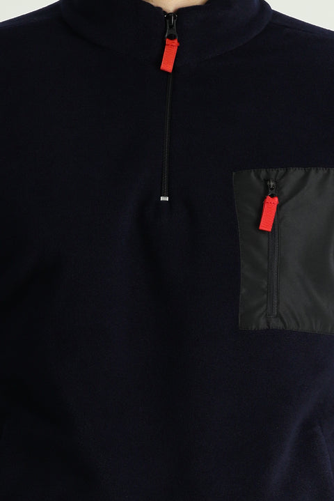 Koyu Lacivert Dik Yaka Yarım Fermuarlı Soğuk Geçirmez Tüylenme Yapmayan Cep Detaylı Polar Sweatshirt