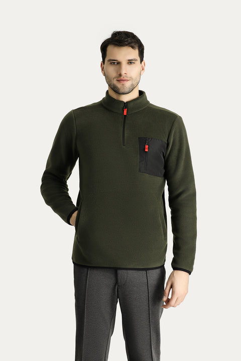 Orta Haki Dik Yaka Yarım Fermuarlı Soğuk Geçirmez Tüylenme Yapmayan Cep Detaylı Polar Sweatshirt