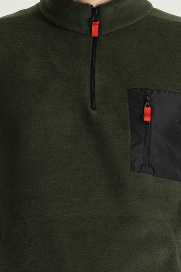 Orta Haki Yarım Fermuarlı Polar Sweatshirt