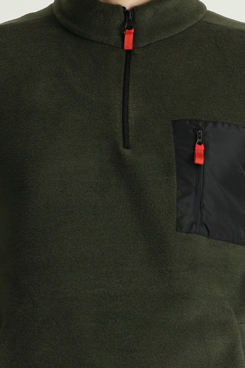 Orta Haki Dik Yaka Yarım Fermuarlı Soğuk Geçirmez Tüylenme Yapmayan Cep Detaylı Polar Sweatshirt