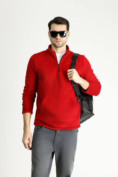 Bayrak Kırmızı Yarım Fermuarlı Polar Sweatshirt