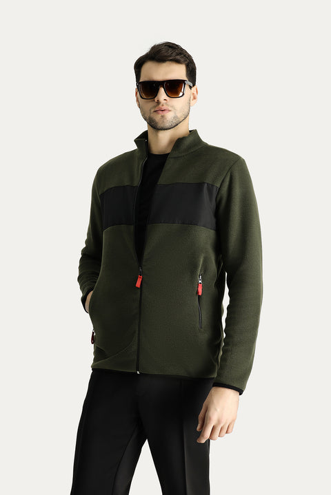 Orta Haki Fermuarlı Polar Sweatshirt