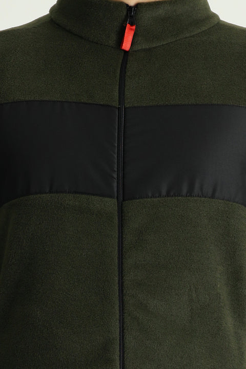 Orta Haki Fermuarlı Polar Sweatshirt