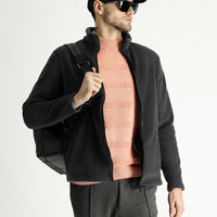 Koyu Füme Fermuarlı Nakışlı Polar Sweatshirt