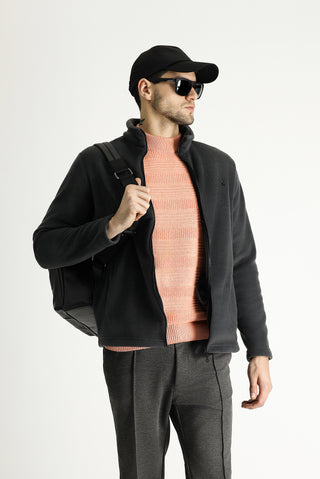  Koyu Füme Fermuarlı Nakışlı Polar Sweatshirt