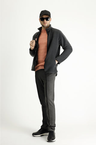  Koyu Füme Fermuarlı Nakışlı Polar Sweatshirt
