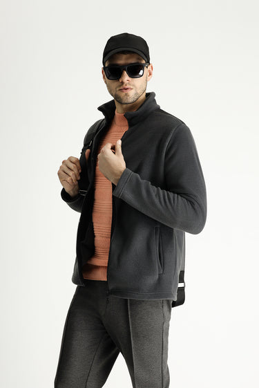 Koyu Füme Fermuarlı Nakışlı Polar Sweatshirt