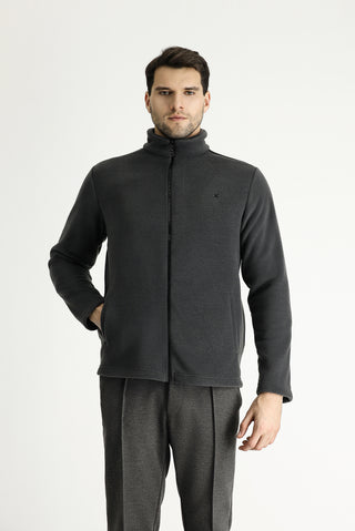  Koyu Füme Fermuarlı Nakışlı Polar Sweatshirt